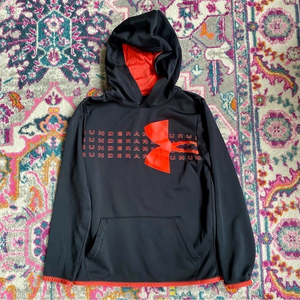 Boys under armour black and red hoodie, medium, EUC